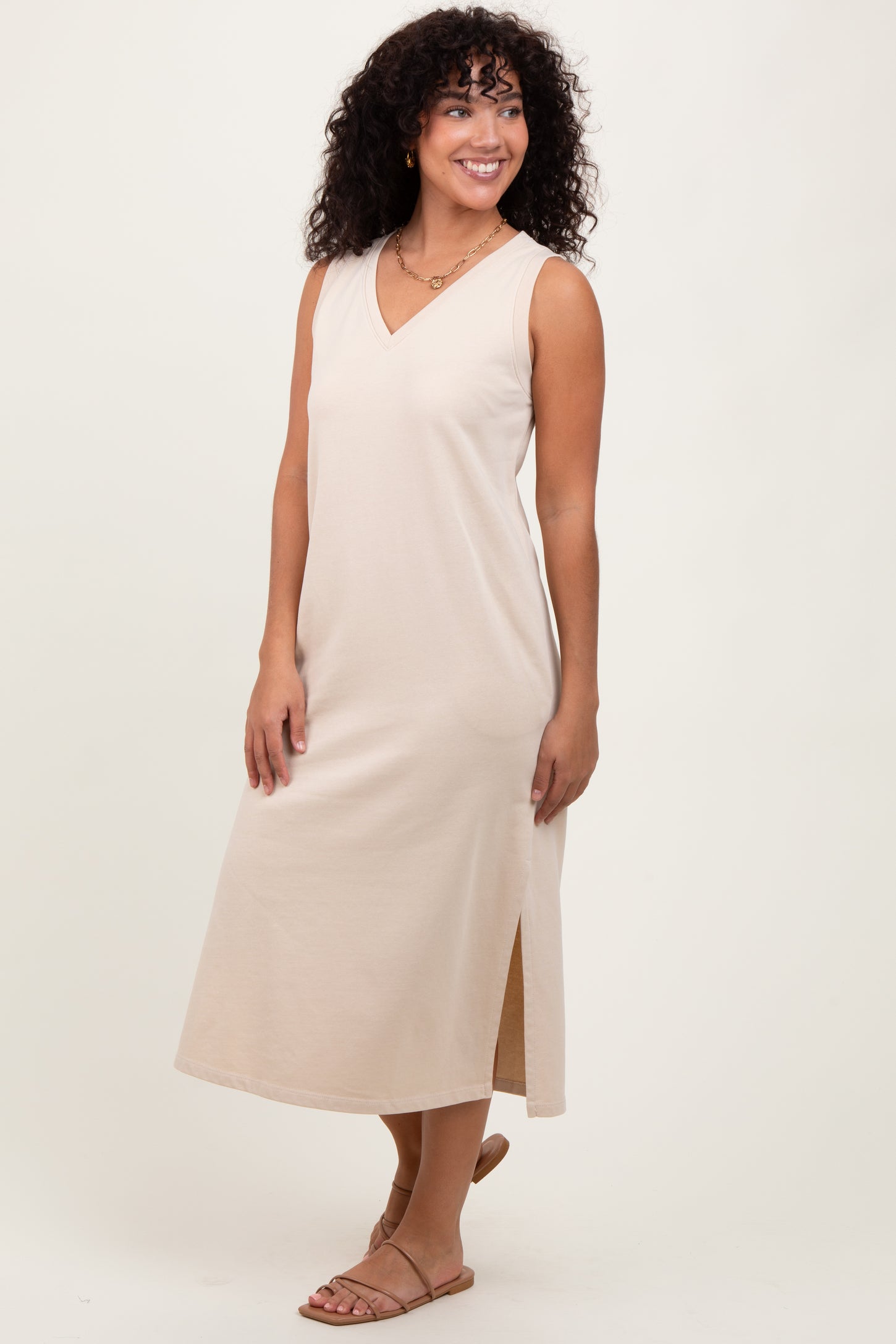 Cream V-Neck Sleeveless Side Slit Midi Dress