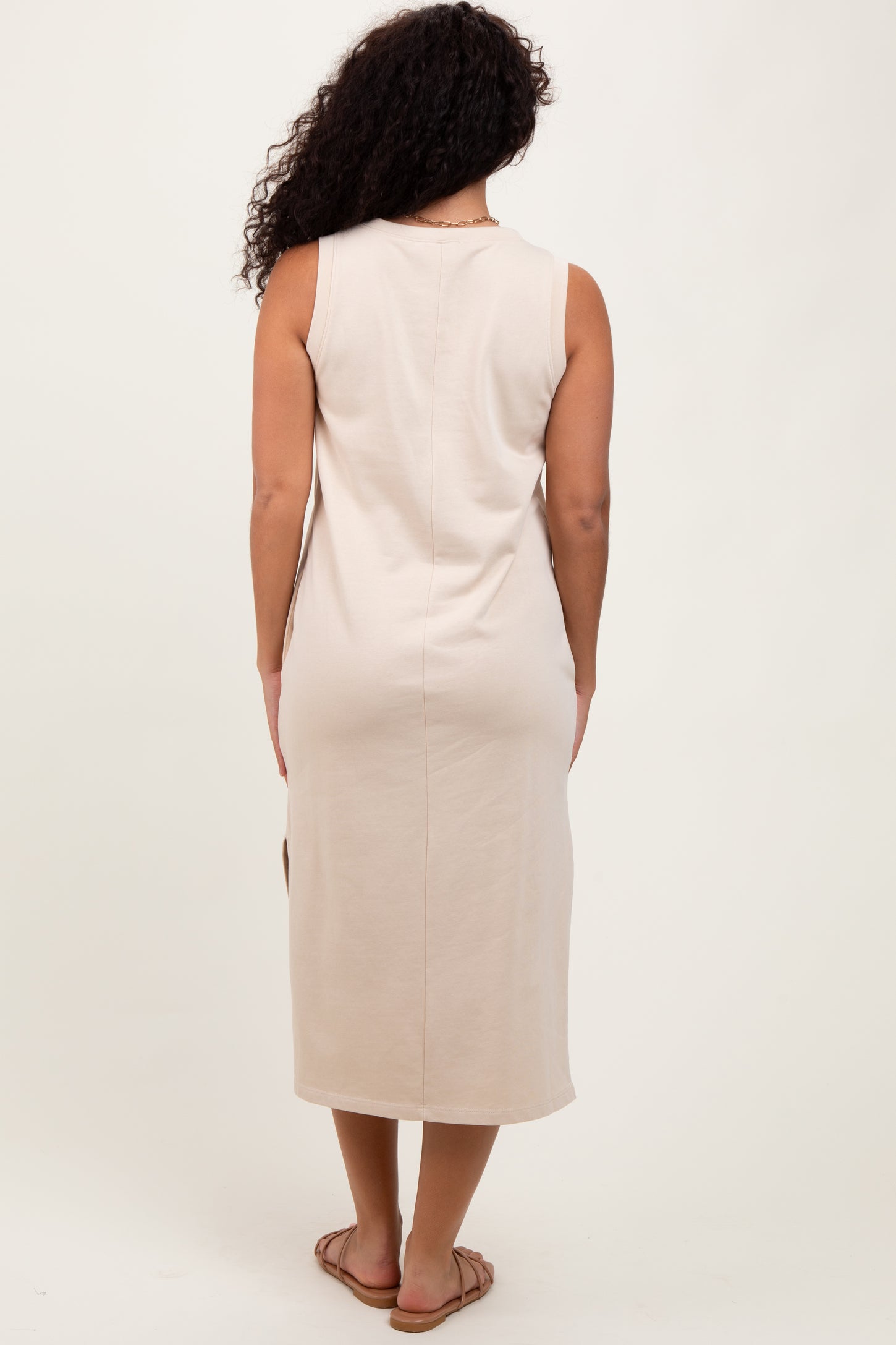 Cream V-Neck Sleeveless Side Slit Midi Dress