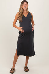 Charcoal V-Neck Sleeveless Side Slit Maternity Midi Dress