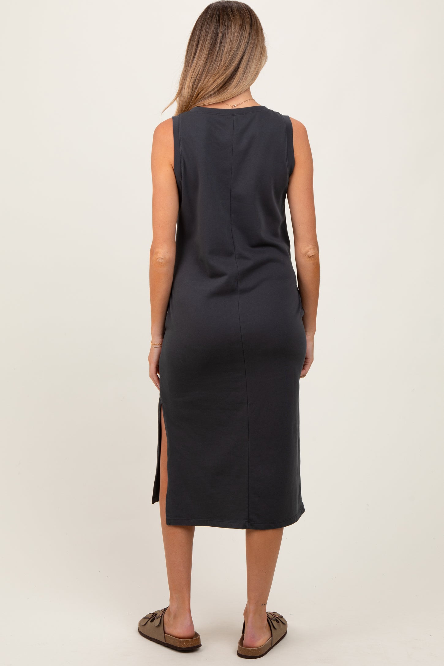 Charcoal V-Neck Sleeveless Side Slit Maternity Midi Dress