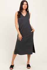 Charcoal V-Neck Sleeveless Side Slit Maternity Midi Dress