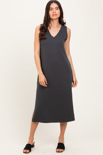 Charcoal V-Neck Sleeveless Side Slit Midi Dress