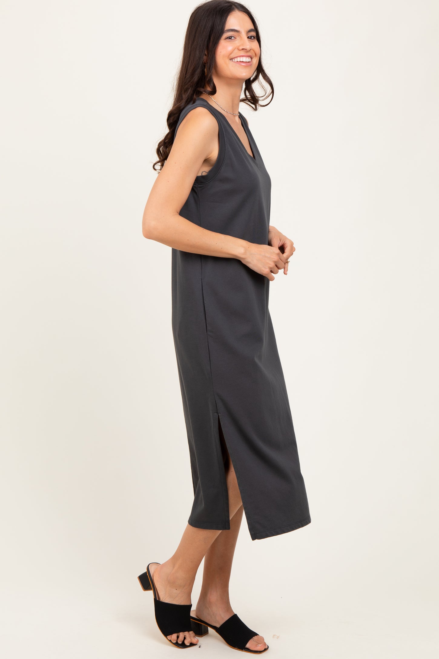 Charcoal V-Neck Sleeveless Side Slit Midi Dress