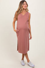 Rust V-Neck Sleeveless Side Slit Maternity Midi Dress