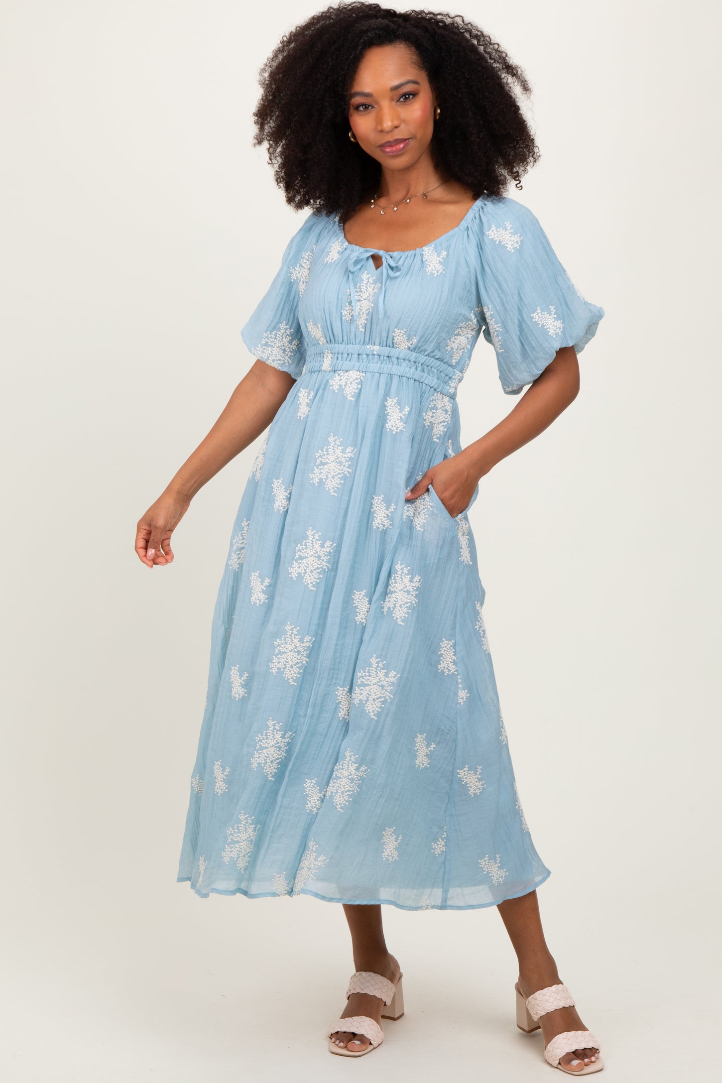 Light Blue Floral Embroidered Puff Sleeve Maternity Midi Dress PinkBlush Light Blue Floral Embroidered Puff Sleeve Maternity Midi Dress PinkBlush
