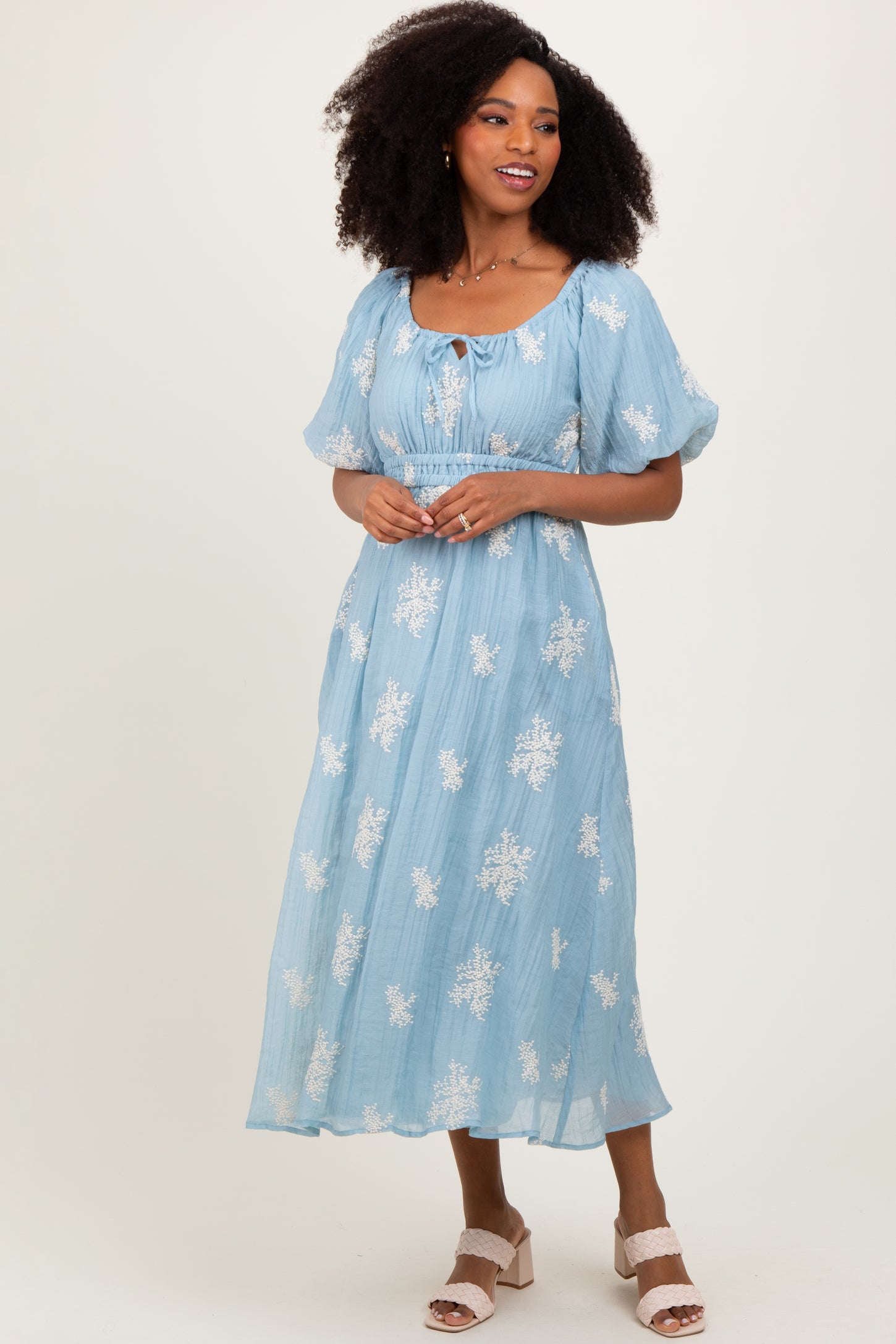 Light Blue Floral Embroidered Puff Sleeve Midi Dress