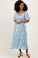 Light Blue Floral Embroidered Puff Sleeve Midi Dress