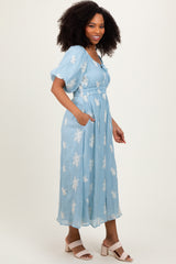 Light Blue Floral Embroidered Puff Sleeve Midi Dress