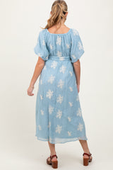 Light Blue Floral Embroidered Puff Sleeve Maternity Midi Dress