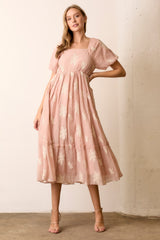 Salmon Floral Print Ruffle Hem Midi Dress