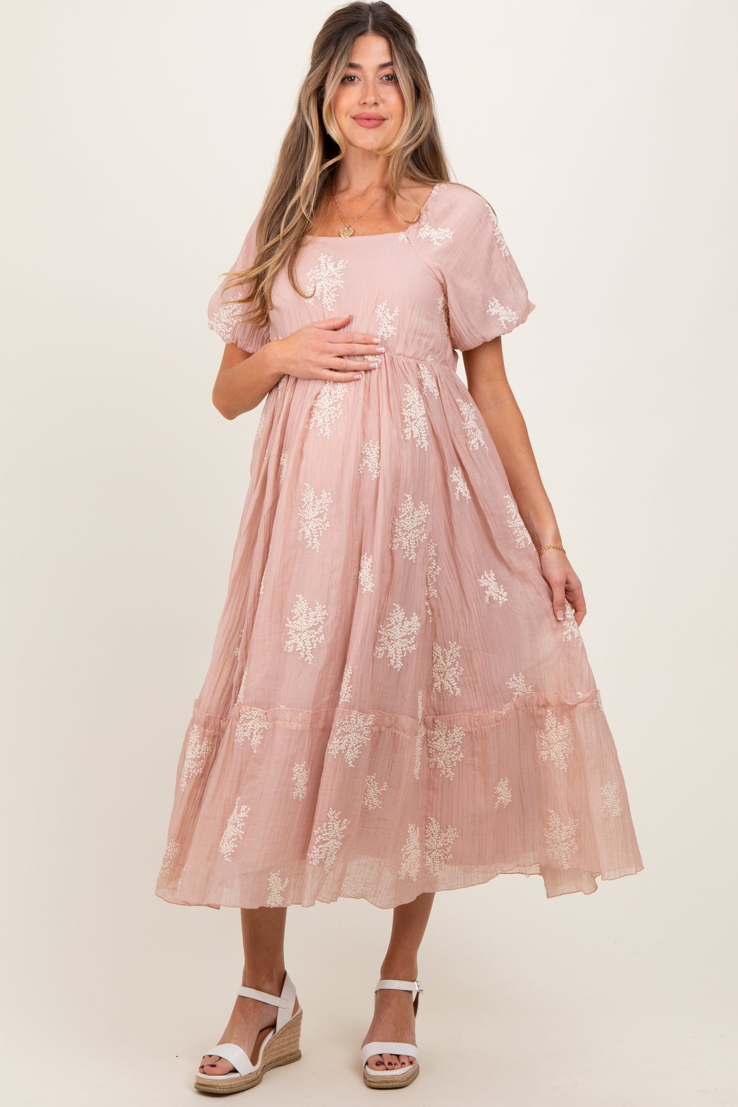 salmon midi dress Dark Salmon Ruffle Sleeve Round Neck Mom Midi Dress