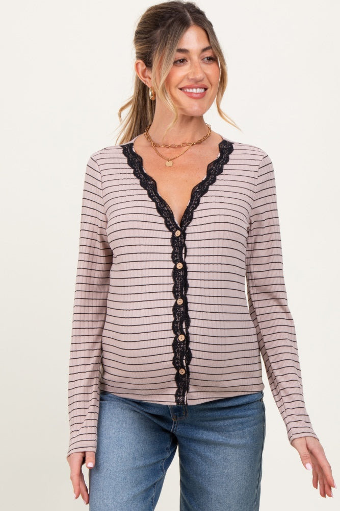 Mocha Striped Ribbed Long Sleeve Lace Detail Button Down Maternity Cardigan