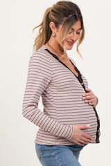 Mocha Striped Ribbed Long Sleeve Lace Detail Button Down Maternity Cardigan