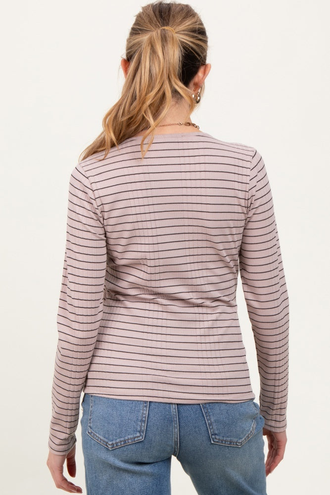 Mocha Striped Ribbed Long Sleeve Lace Detail Button Down Maternity Cardigan
