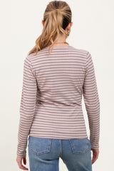 Mocha Striped Ribbed Long Sleeve Lace Detail Button Down Maternity Cardigan