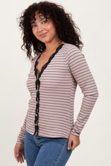 Mocha Striped Ribbed Long Sleeve Lace Detail Button Down Cardigan