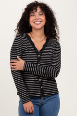 Black Striped Ribbed Long Sleeve Lace Detail Button Down Cardigan