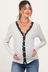 Ivory Striped Ribbed Long Sleeve Lace Detail Button Down Maternity Cardigan