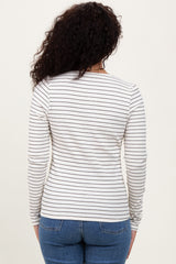 Ivory Striped Ribbed Long Sleeve Lace Detail Button Down Cardigan