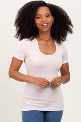 Peach Solid Ribbed Short Sleeve Round Neck Basic Top