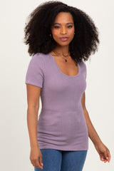 Mauve Solid Ribbed Short Sleeve Round Neck Basic Top