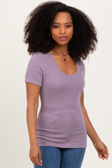 Mauve Solid Ribbed Short Sleeve Round Neck Basic Top