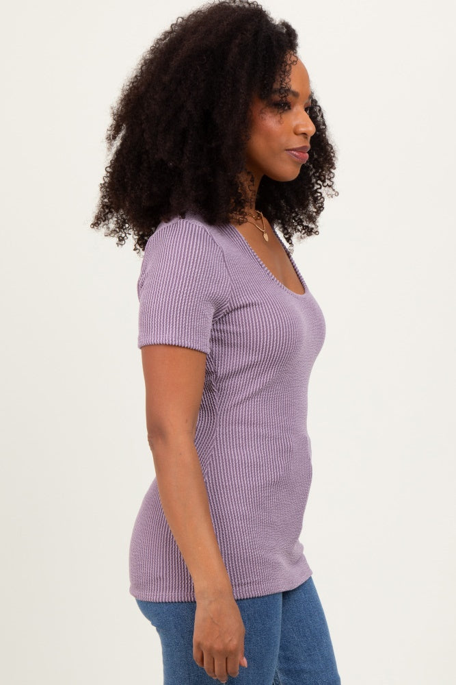 Mauve Solid Ribbed Short Sleeve Round Neck Basic Top