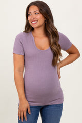 Mauve Solid Ribbed Short Sleeve Round Neck Basic Maternity Top