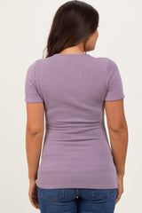 Mauve Solid Ribbed Short Sleeve Round Neck Basic Maternity Top