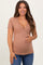 Mocha Solid Ribbed Short Sleeve V-Neck Basic Maternity Top