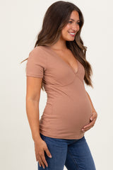 Mocha Solid Ribbed Short Sleeve V-Neck Basic Maternity Top