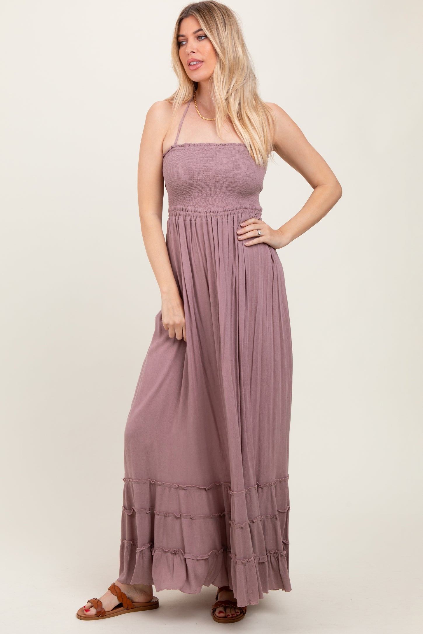 Mauve Smocked Woven Maternity Maxi Dress