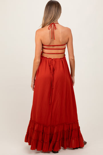 Rust Smocked Woven Maternity Maxi Dress