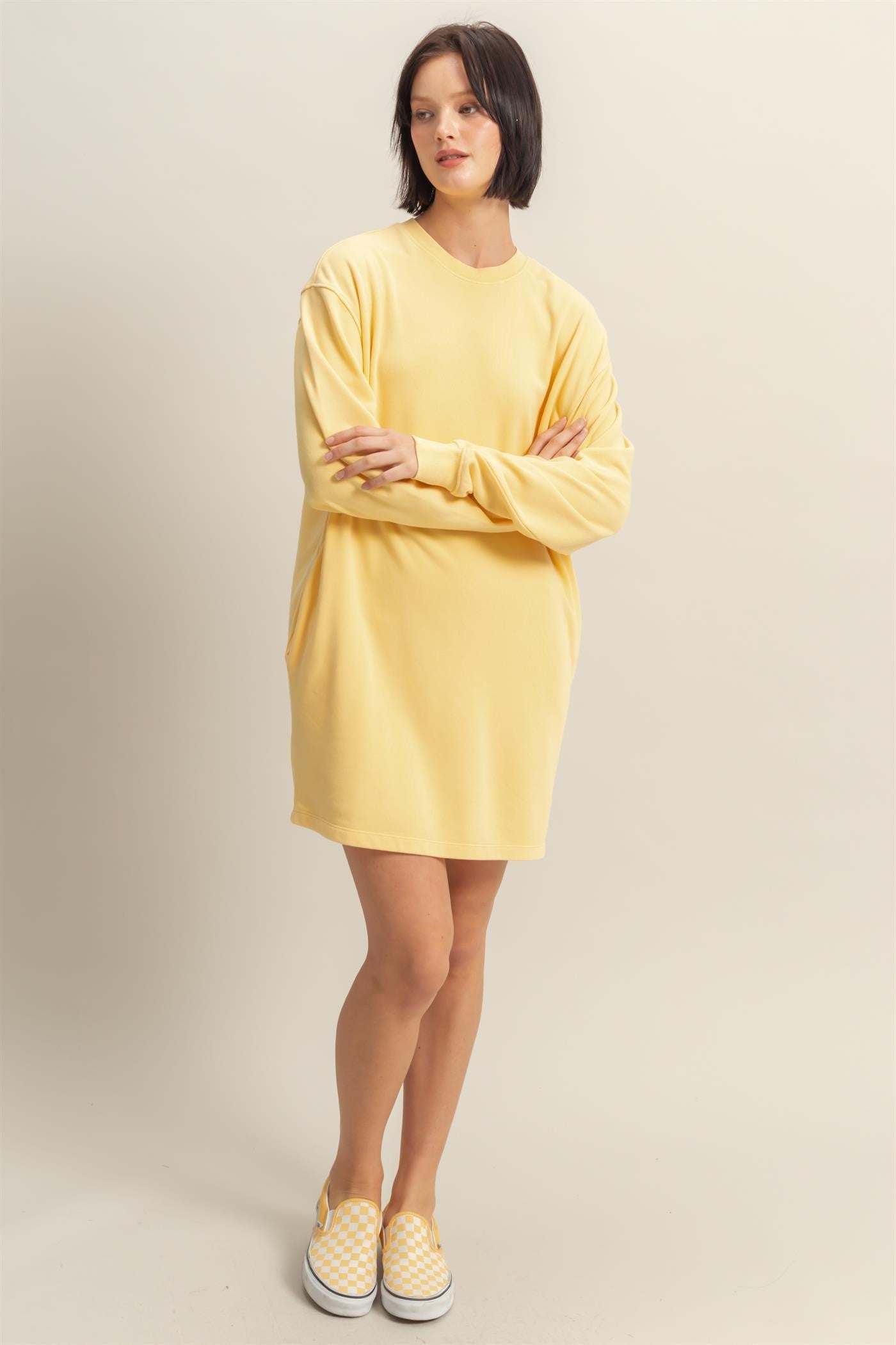 Yellow Long Sleeve Oversized Sweatshirt Mini Dress