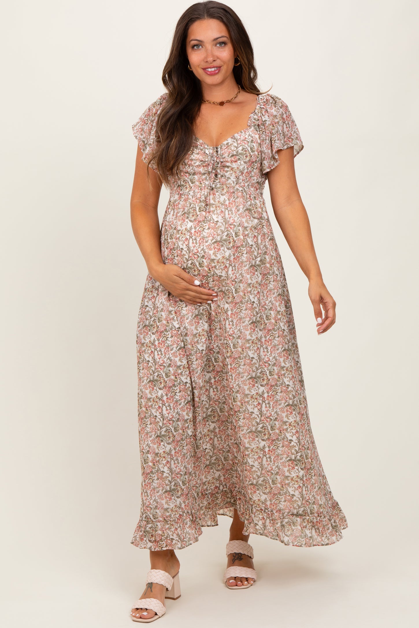 Cream Multi Flutter-Sleeved Smocked Floral Maternity Maxi Dress
