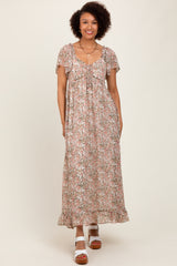 Cream Multi Flutter-Sleeved Smocked Floral Maxi Dress