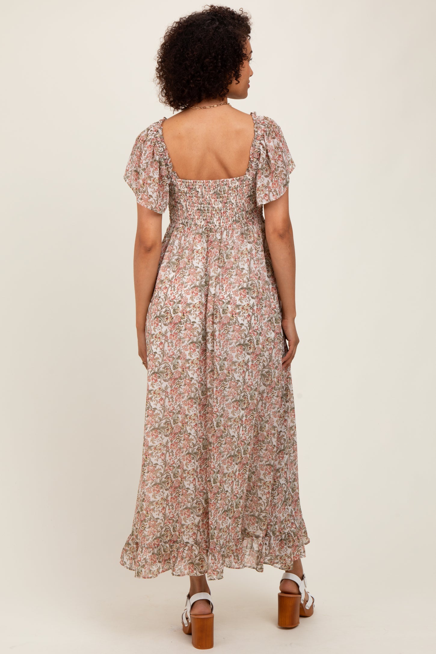 Cream Multi Flutter-Sleeved Smocked Floral Maxi Dress