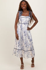 Grey Blue Floral Shoulder Tie Maternity Midi Dress