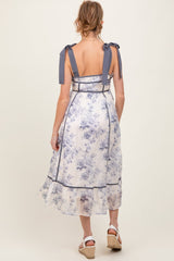 Grey Blue Floral Shoulder Tie Maternity Midi Dress