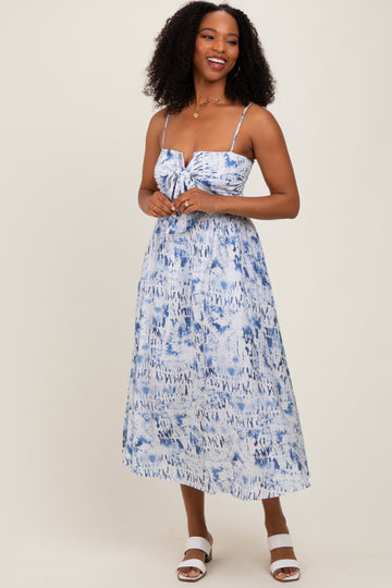 Blue Adjustable Strap Tie Front Midi Dress