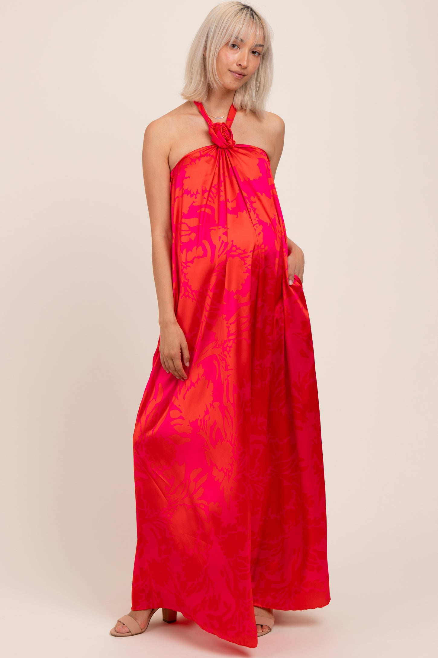 Fuchsia Multi Halter Flower Neck Accent Maternity Maxi Dress