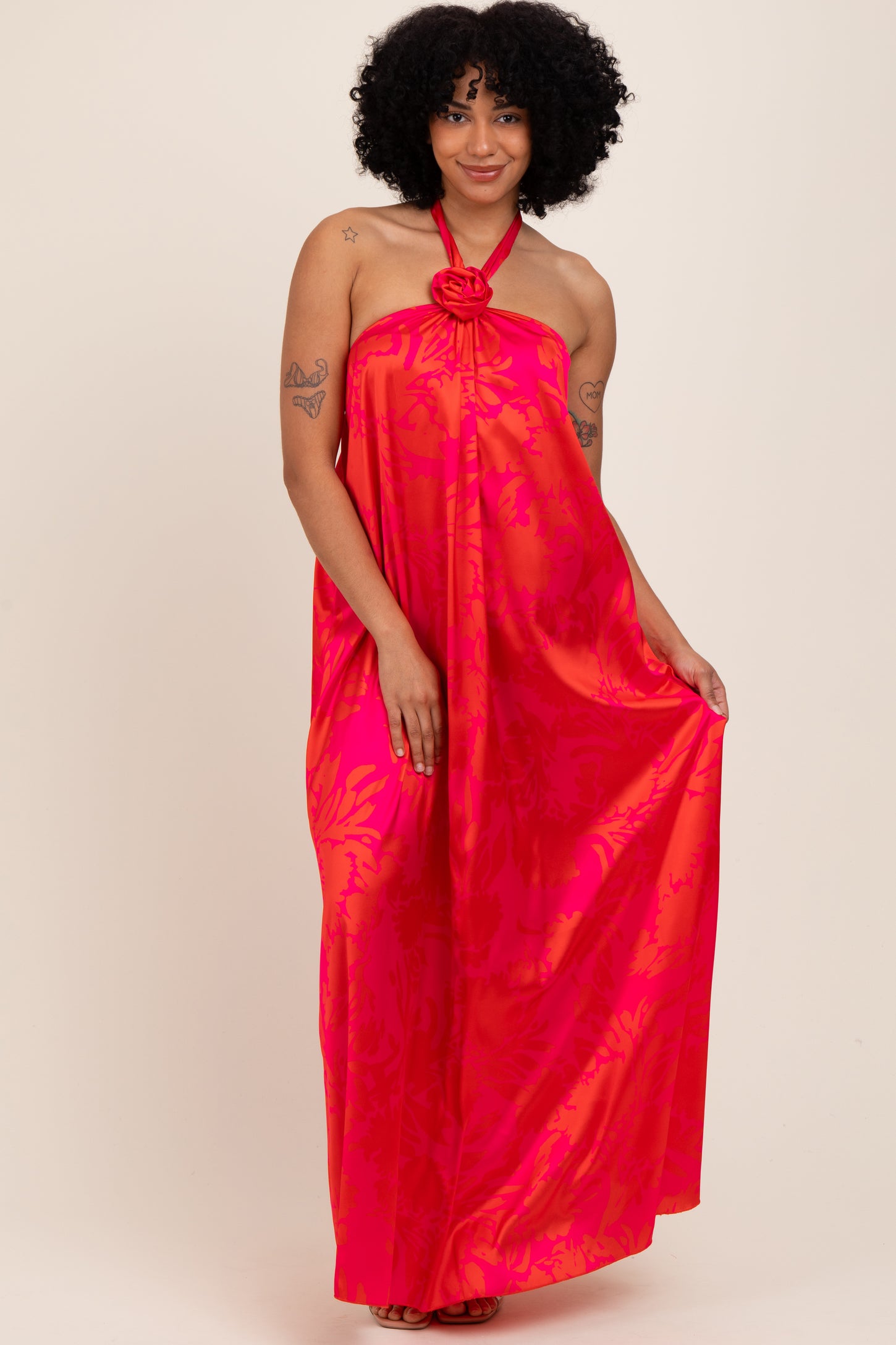 Fuchsia Multi Halter Flower Neck Accent Maternity Maxi Dress