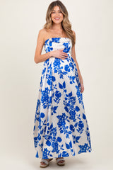 Blue Strapless Back Tie Maternity Maxi Dress