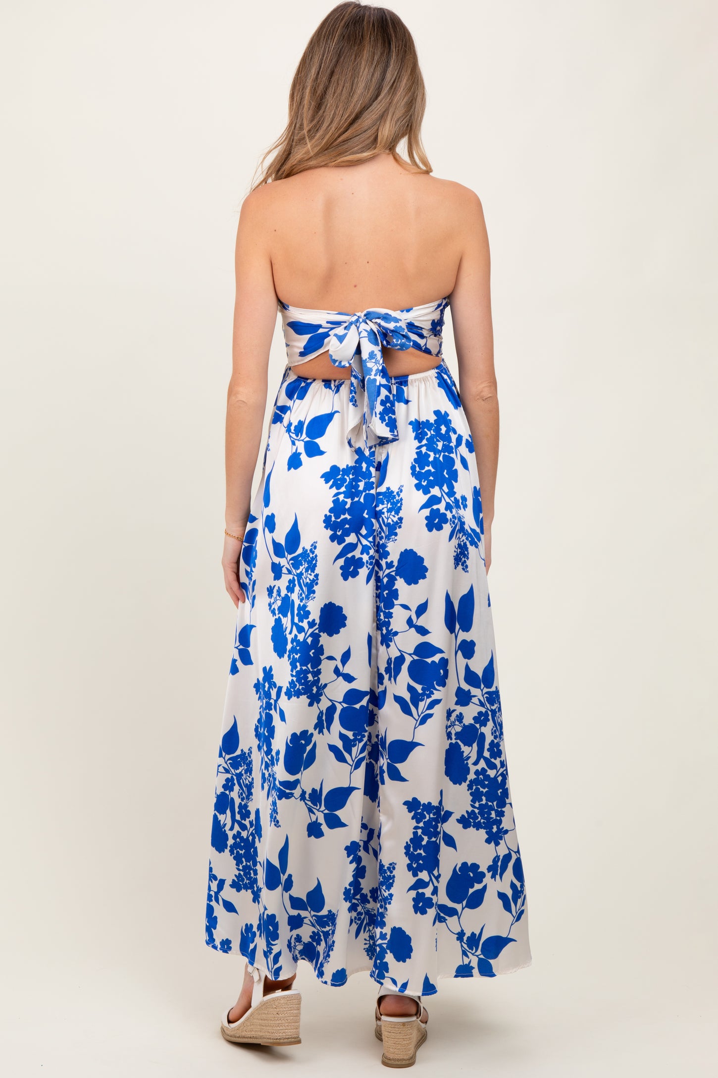 Blue Strapless Back Tie Maternity Maxi Dress