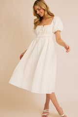 White Eyelet Lace Puff Sleeve Midi Dress