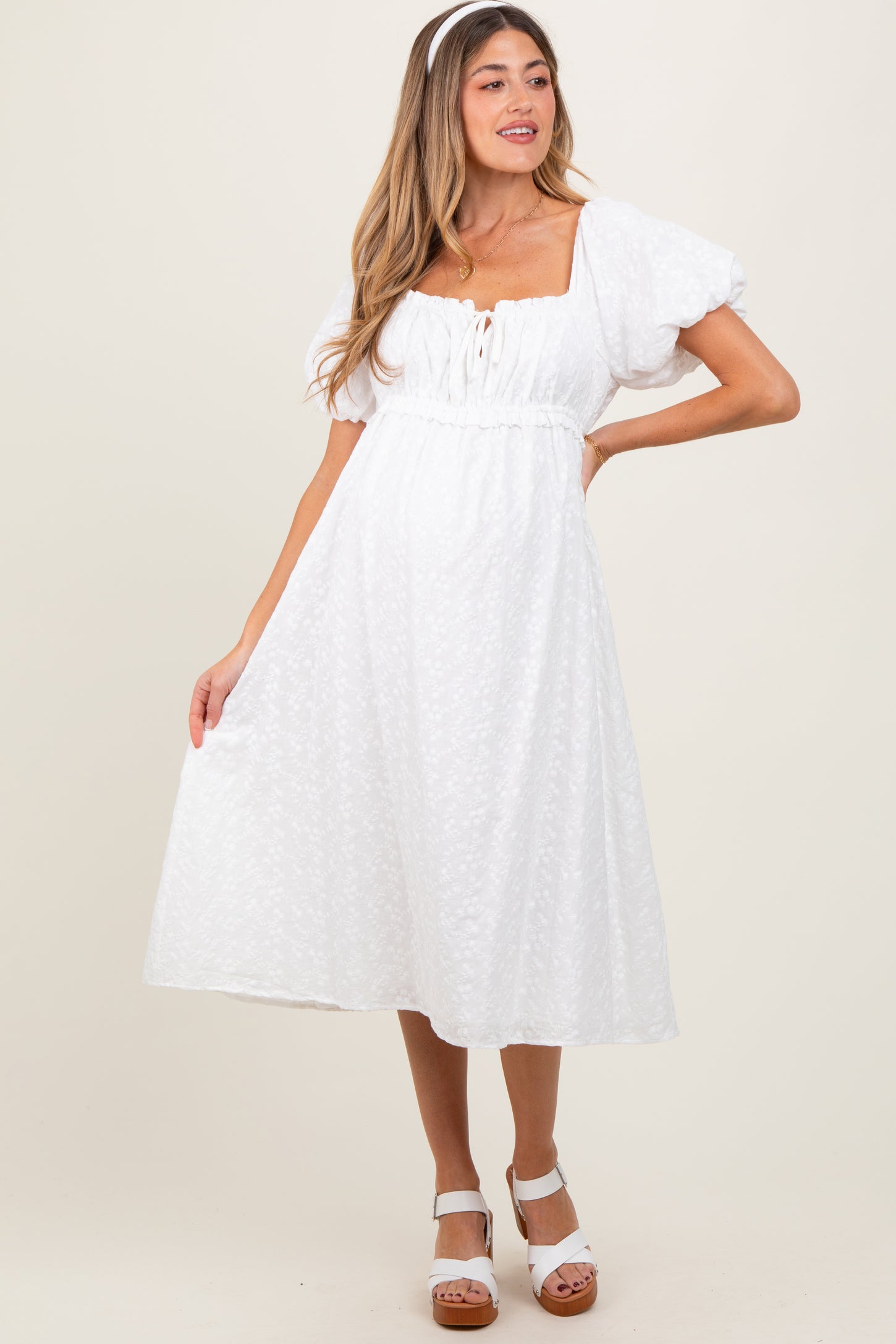 White Eyelet Lace Puff Sleeve Maternity Midi Dress PinkBlush White Eyelet Lace Puff Sleeve Maternity Midi Dress PinkBlush
