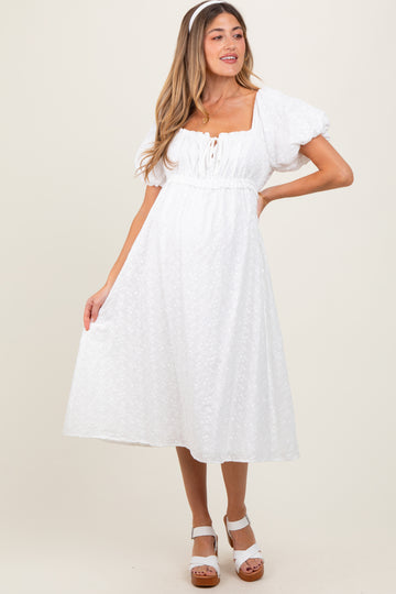 White Eyelet Lace Puff Sleeve Maternity Midi Dress