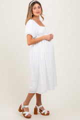 White Eyelet Lace Puff Sleeve Maternity Midi Dress