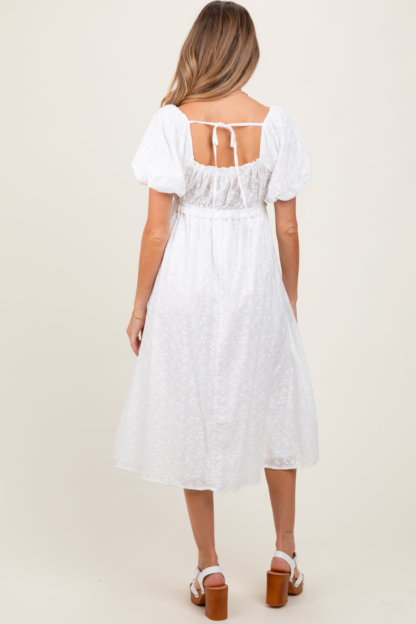 White Eyelet Lace Puff Sleeve Maternity Midi Dress