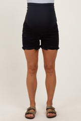 Black Distressed Fringe Hem Maternity Jean Shorts